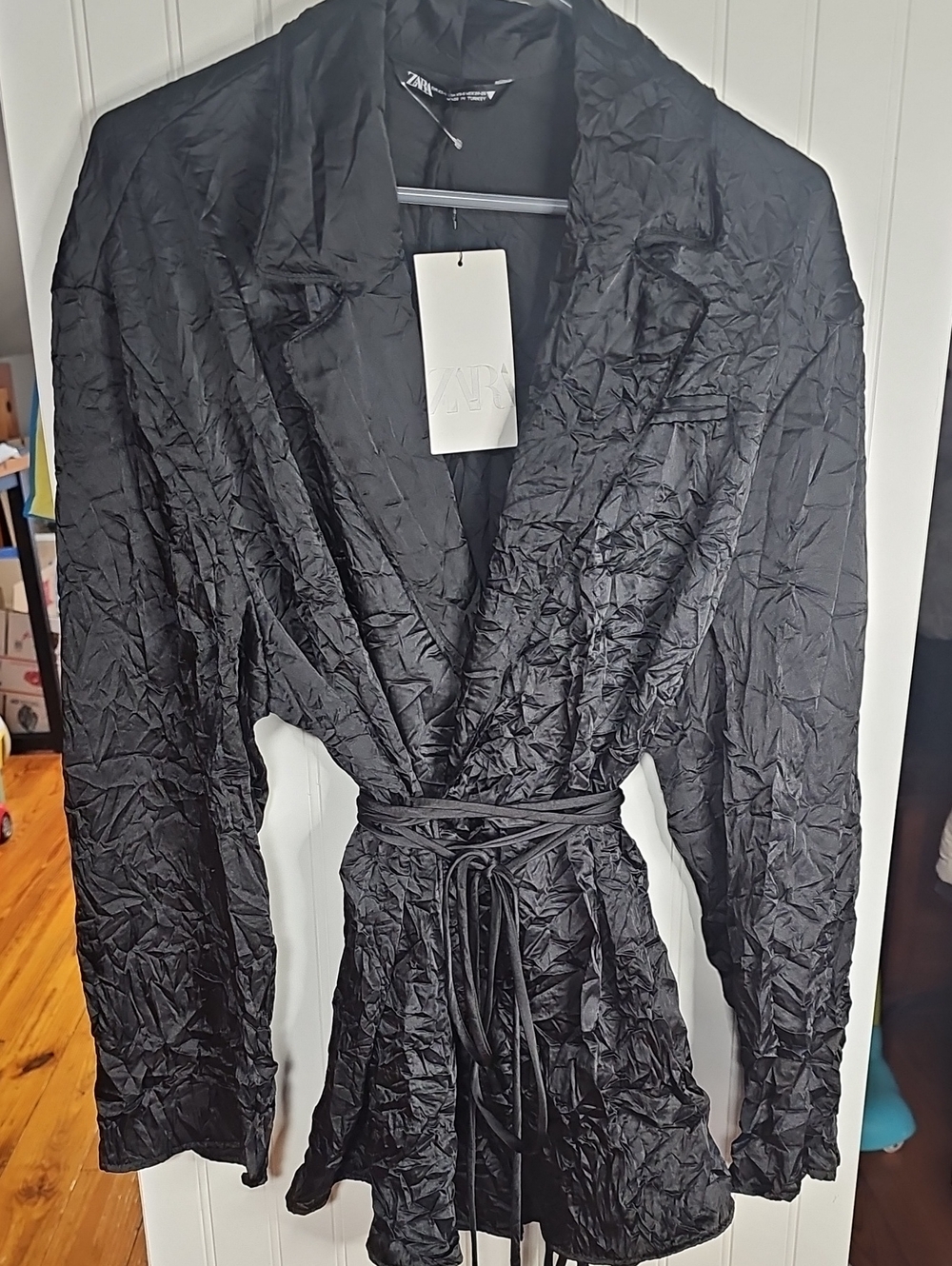 ZARA Black Crinkled Satin Wrap with Belt